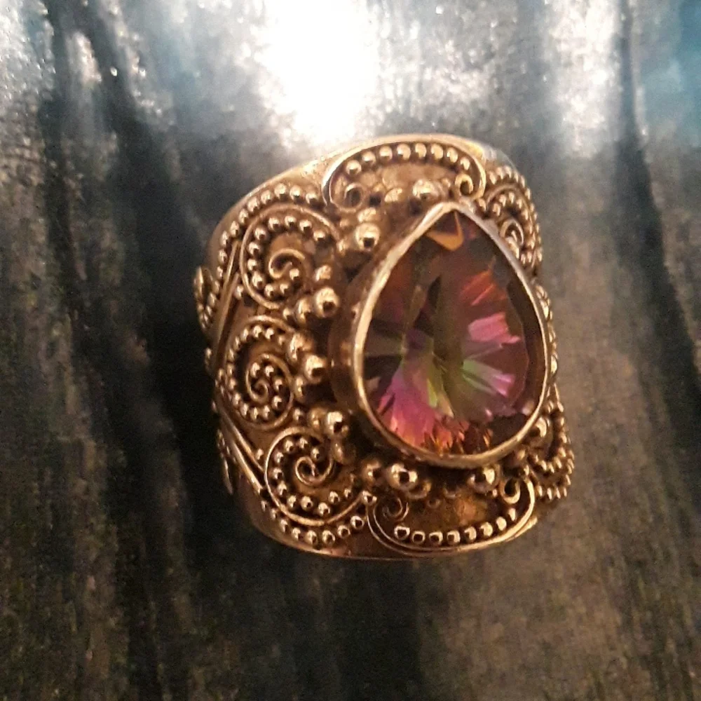 Mystic topaz Bali design Sterling silver teardrop ring sz 5.75 - Picture 8 of 12